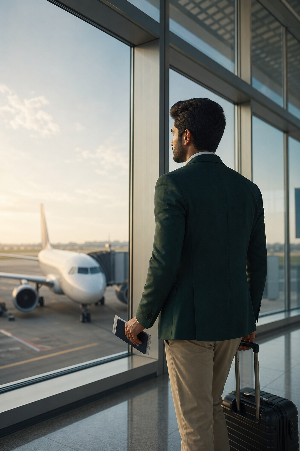 Indian professional preparing for an international journey at an airport